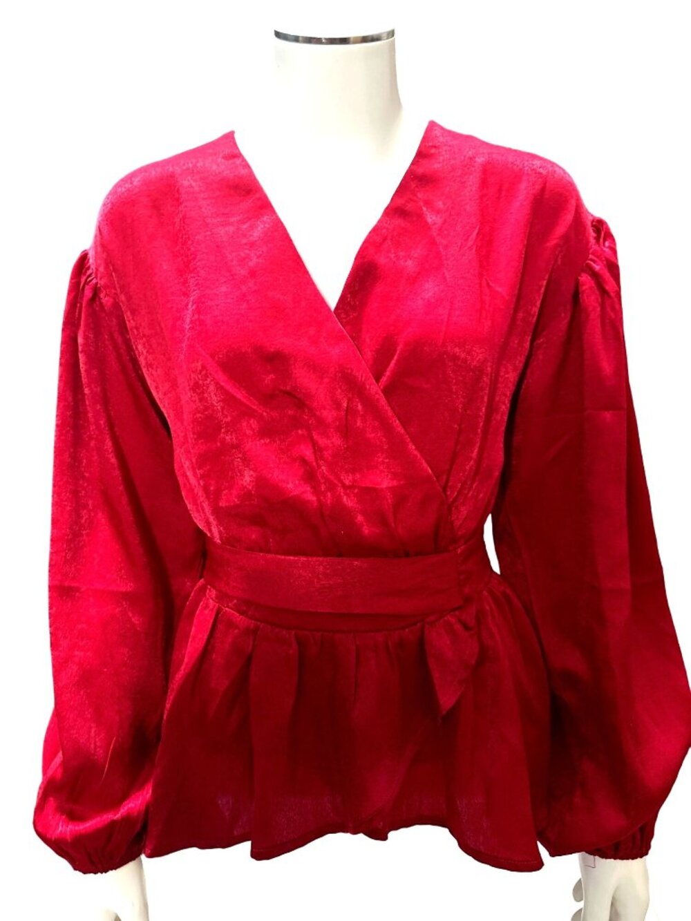 A Calin Size Sm Red Satin Wrap Blouse Peplum Balloon Sleeve Holiday Glamcore Top - Picture 10 of 10
